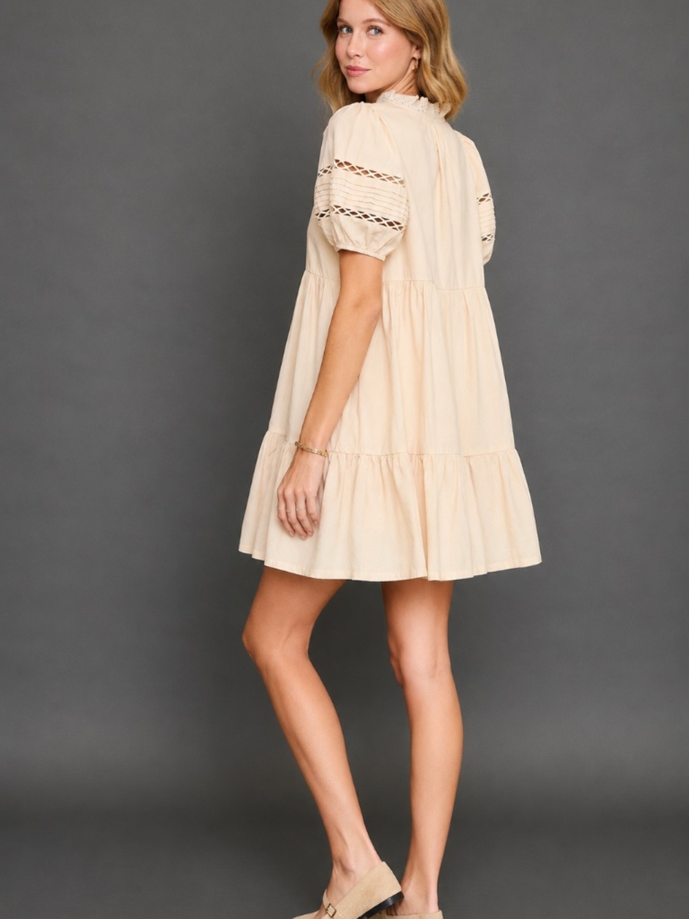Umgee Cream Lace Trim Mini Dress Cotton Boho Neutral Babydoll NWT - Picture 6 of 10